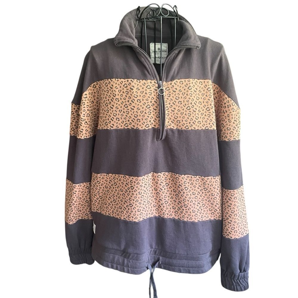 Simply Southern Tan Brown Animal Leopard Print Zip Pullover Women's Size XL